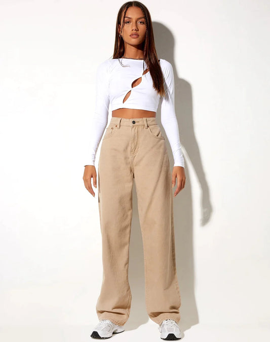 Beige Latte Wide Leg High Waist Jeans