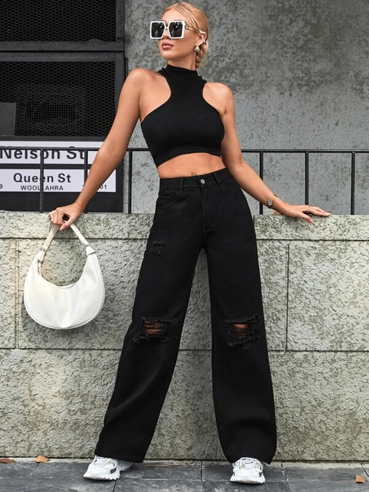 Black knee cut High waist denim (Premium Quality)